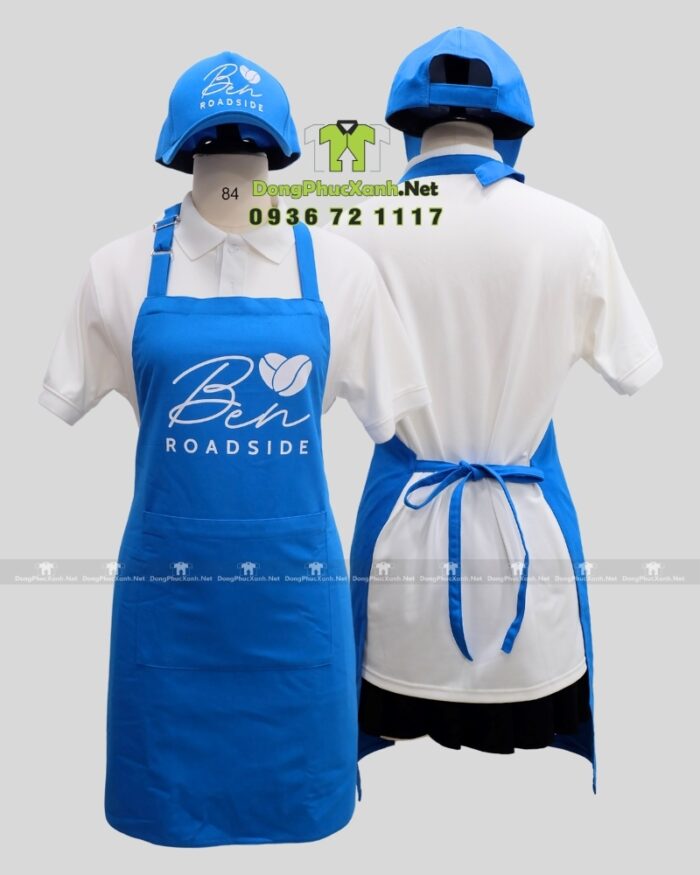 Nón đồng phục dành cho nhân viên quán cà phê vỉa hè, thiết kế màu xanh dương nổi bật, thêu logo Ben roadside.