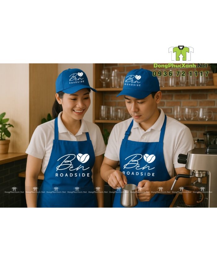 Nón đồng phục dành cho nhân viên quán cà phê vỉa hè, thiết kế màu xanh dương nổi bật, thêu logo Ben roadside.