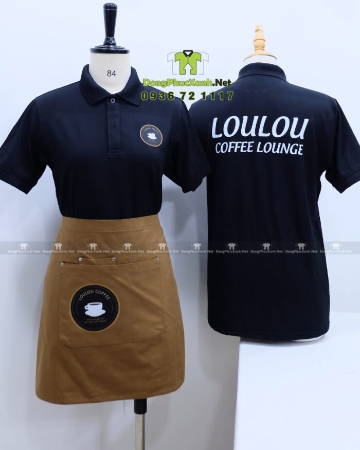 Bộ đồng phục nhân viên pha chế quán cà phê, in logo LOULOU Coffee Lounge.