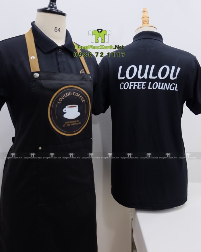 Bộ đồng phục nhân viên pha chế quán cà phê, in logo LOULOU Coffee Lounge.