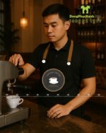 Bộ đồng phục nhân viên pha chế quán cà phê, in logo LOULOU Coffee Lounge.