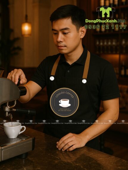 Bộ đồng phục nhân viên pha chế quán cà phê, in logo LOULOU Coffee Lounge.