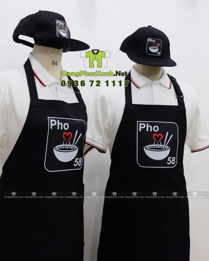 Bộ đồng phục nhân viên phục vụ quán phở thiết kế màu đen hiện đại sang trọng, in logo Pho 58.