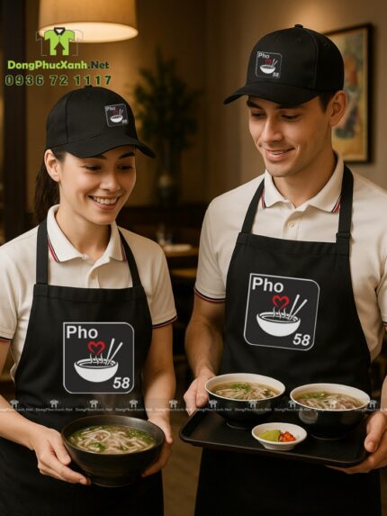 Bộ đồng phục nhân viên phục vụ quán phở thiết kế màu đen hiện đại sang trọng, in logo Pho 58.