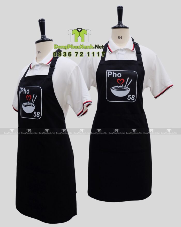 Bộ đồng phục nhân viên phục vụ quán phở thiết kế màu đen hiện đại sang trọng, in logo Pho 58.