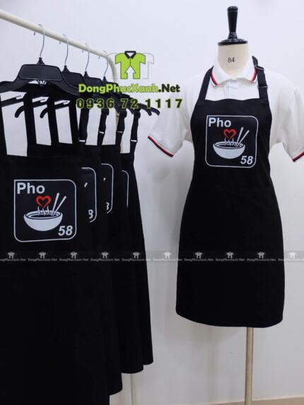 Bộ đồng phục nhân viên phục vụ quán phở thiết kế màu đen hiện đại sang trọng, in logo Pho 58.