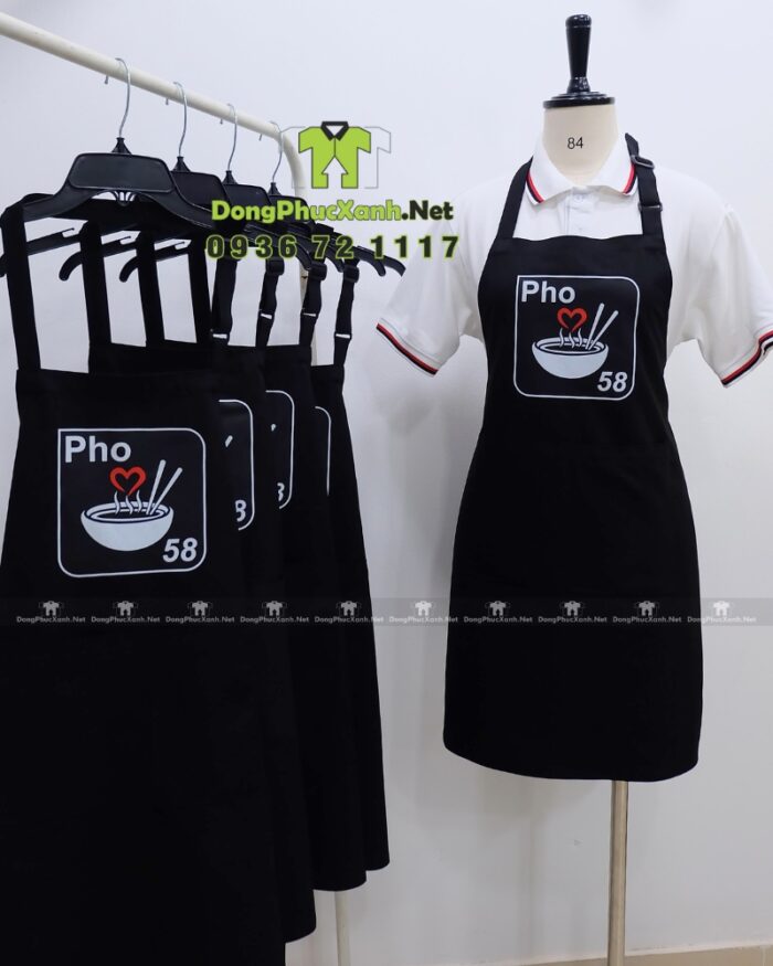 Bộ đồng phục nhân viên phục vụ quán phở thiết kế màu đen hiện đại sang trọng, in logo Pho 58.