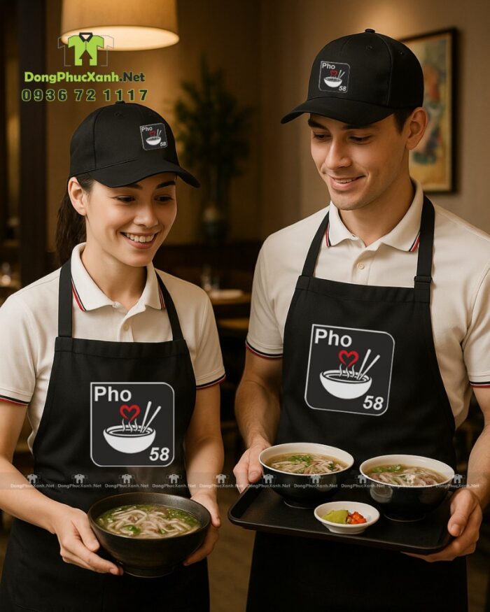 Bộ đồng phục nhân viên phục vụ quán phở thiết kế màu đen hiện đại sang trọng, in logo Pho 58.
