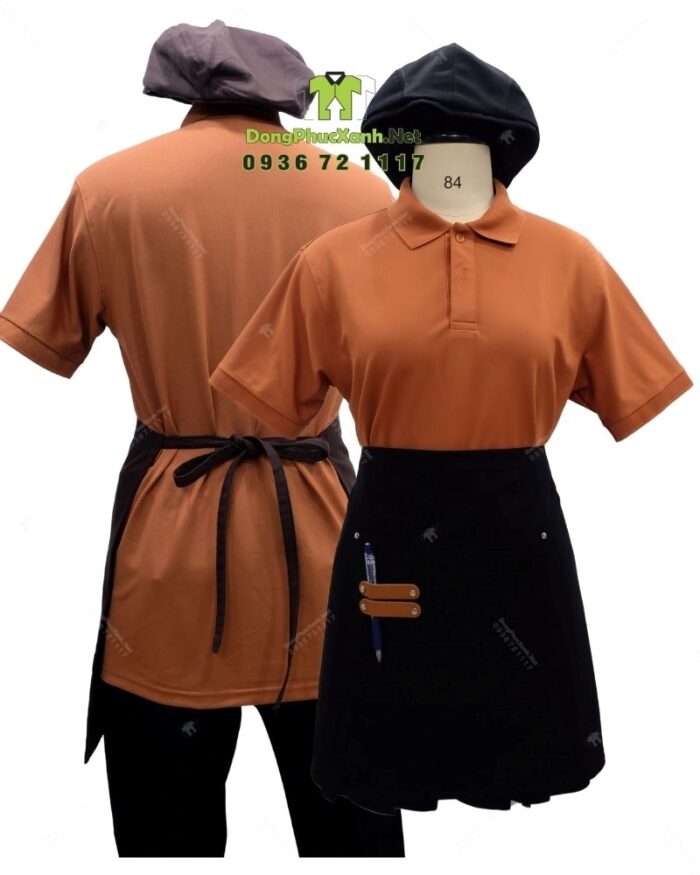 Bộ đồng phục quán cà phê có áo thun đồng phục màu cacao đẹp mắt, in/ thêu logo bằng công nghệ tiên tiến nhất hiện nay.