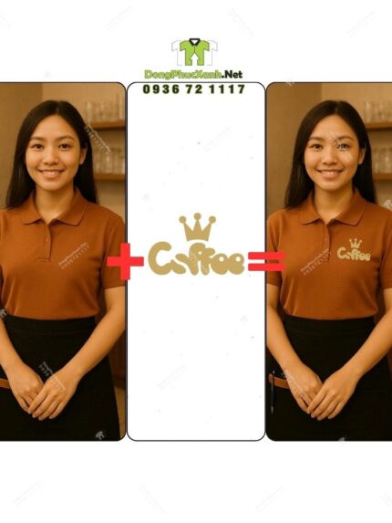 Bộ đồng phục quán cà phê có áo thun đồng phục màu cacao đẹp mắt, in/ thêu logo bằng công nghệ tiên tiến nhất hiện nay.