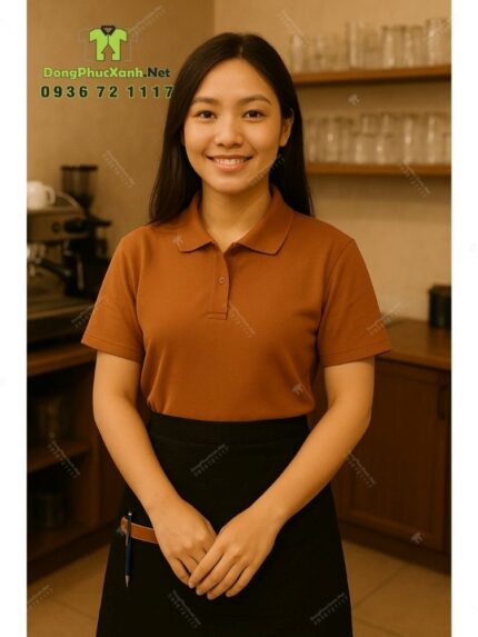 Bộ đồng phục quán cà phê có áo thun đồng phục màu cacao đẹp mắt, in/ thêu logo bằng công nghệ tiên tiến nhất hiện nay.