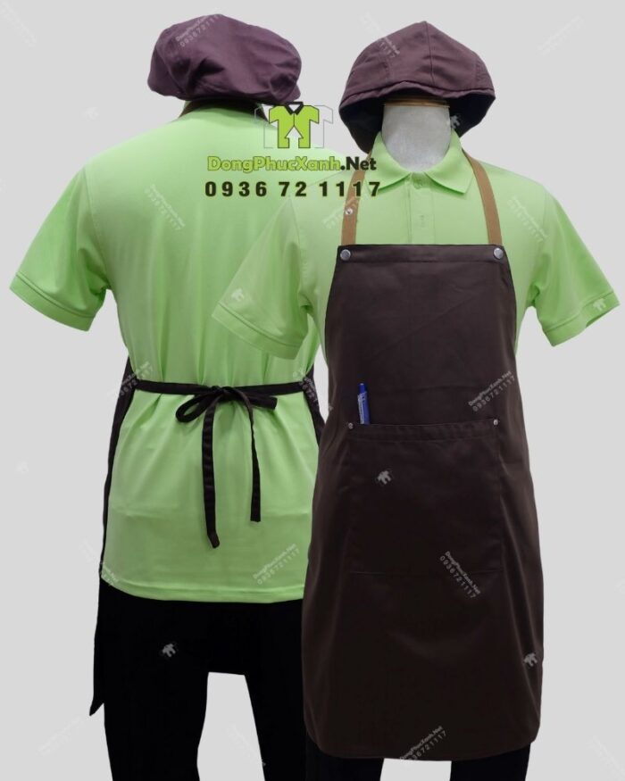 Bộ đồng phục quán cà phê thiết kế màu xanh lá mạ cho áo thun, phong cách tươi sáng, cởi mở.