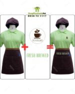 Bộ đồng phục quán cà phê thiết kế màu xanh lá mạ cho áo thun, phong cách tươi sáng, cởi mở.