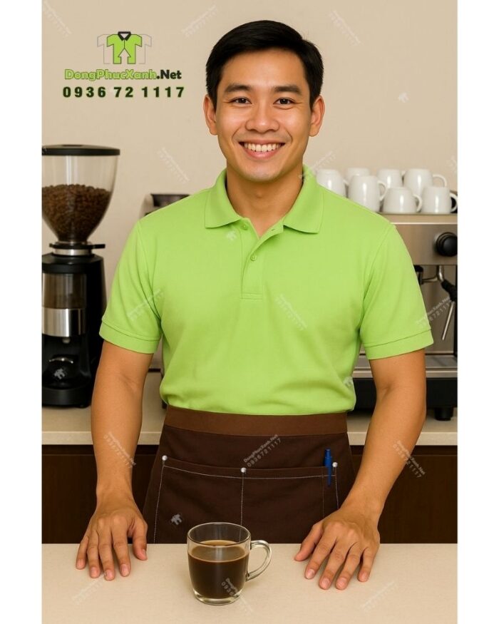 Bộ đồng phục quán cà phê thiết kế màu xanh lá mạ cho áo thun, phong cách tươi sáng, cởi mở.