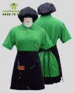 Bộ đồng phục quán cà phê với áo thun đồng phục màu xanh két thiên nhiên gần gũi, in/thêu logo theo yêu cầu.