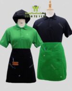 Bộ đồng phục quán cà phê với áo thun đồng phục màu xanh két thiên nhiên gần gũi, in/thêu logo theo yêu cầu.