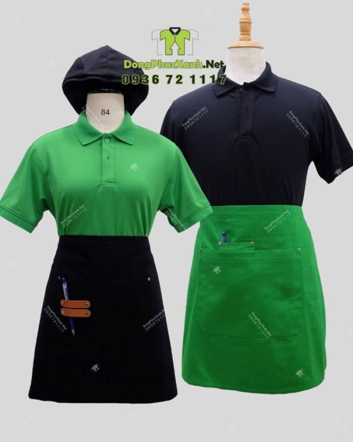 Bộ đồng phục quán cà phê với áo thun đồng phục màu xanh két thiên nhiên gần gũi, in/thêu logo theo yêu cầu.
