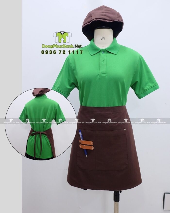 Bộ đồng phục quán cà phê với áo thun đồng phục màu xanh két thiên nhiên gần gũi, in/thêu logo theo yêu cầu.