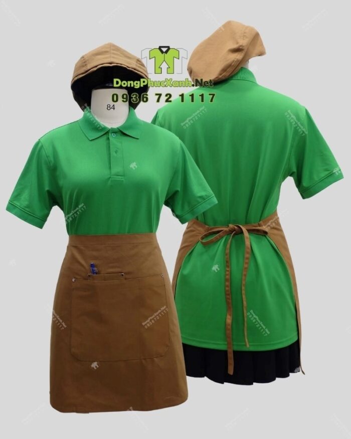 Bộ đồng phục quán cà phê với áo thun đồng phục màu xanh két thiên nhiên gần gũi, in/thêu logo theo yêu cầu.