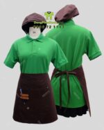 Bộ đồng phục quán cà phê với áo thun đồng phục màu xanh két thiên nhiên gần gũi, in/thêu logo theo yêu cầu.