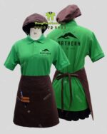 Bộ đồng phục quán cà phê với áo thun đồng phục màu xanh két thiên nhiên gần gũi, in/thêu logo theo yêu cầu.