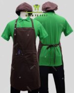 Bộ đồng phục quán cà phê với áo thun đồng phục màu xanh két thiên nhiên gần gũi, in/thêu logo theo yêu cầu.