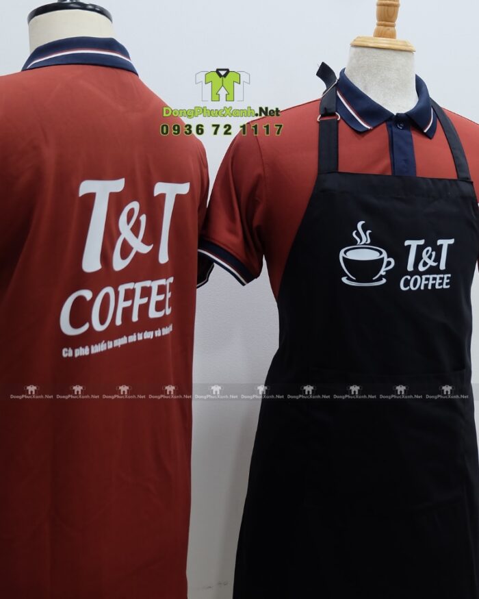 Bộ đồng phục quán cà phê phong cách chuyên nghiệp, in logo T&T Coffee.