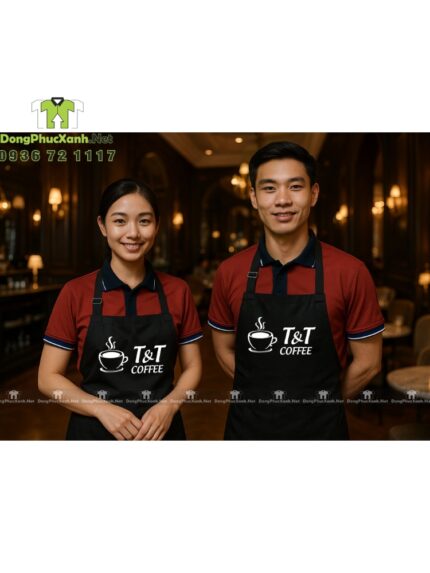 Bộ đồng phục quán cà phê phong cách chuyên nghiệp, in logo T&T Coffee.