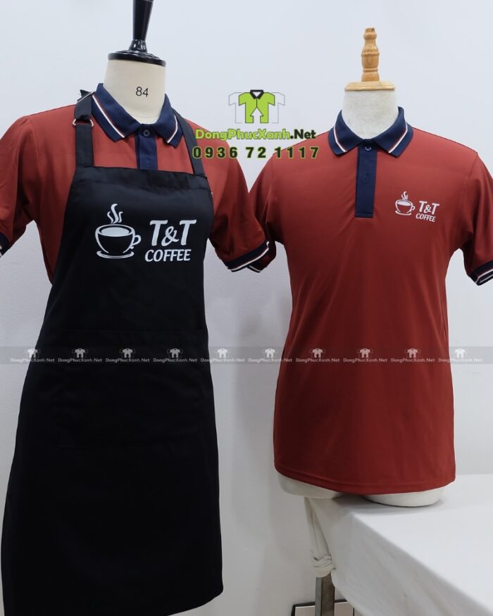 Bộ đồng phục quán cà phê phong cách chuyên nghiệp, in logo T&T Coffee.
