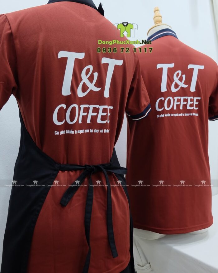 Bộ đồng phục quán cà phê phong cách chuyên nghiệp, in logo T&T Coffee.