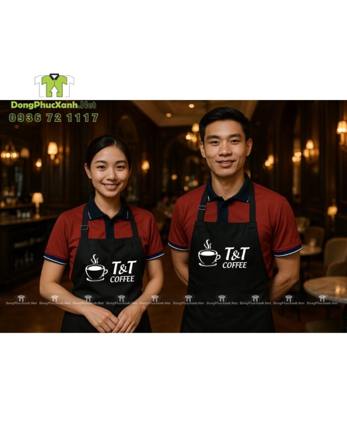 Bộ đồng phục quán cà phê phong cách chuyên nghiệp, in logo T&T Coffee.