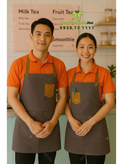 Bộ đồng phục quán trà sữa thiết kế áo thun đồng phục màu cam tạo sự chú ý, theo phong cách năng động và hiện đại.