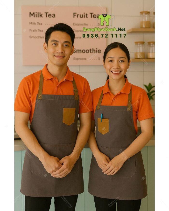 Bộ đồng phục quán trà sữa thiết kế áo thun đồng phục màu cam tạo sự chú ý, theo phong cách năng động và hiện đại.