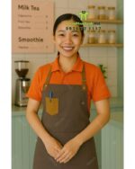 Bộ đồng phục quán trà sữa thiết kế áo thun đồng phục màu cam tạo sự chú ý, theo phong cách năng động và hiện đại.