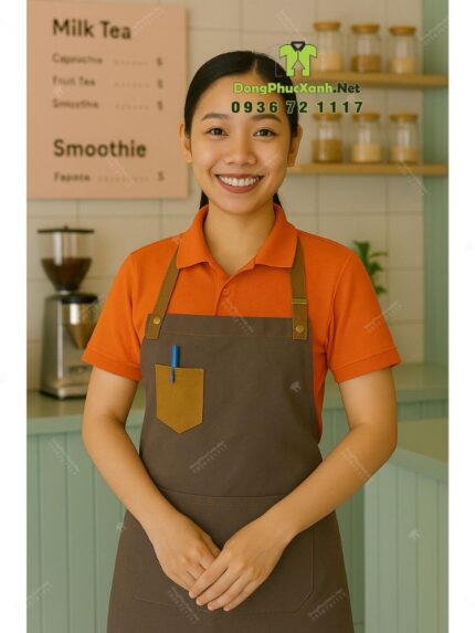 Bộ đồng phục quán trà sữa thiết kế áo thun đồng phục màu cam tạo sự chú ý, theo phong cách năng động và hiện đại.