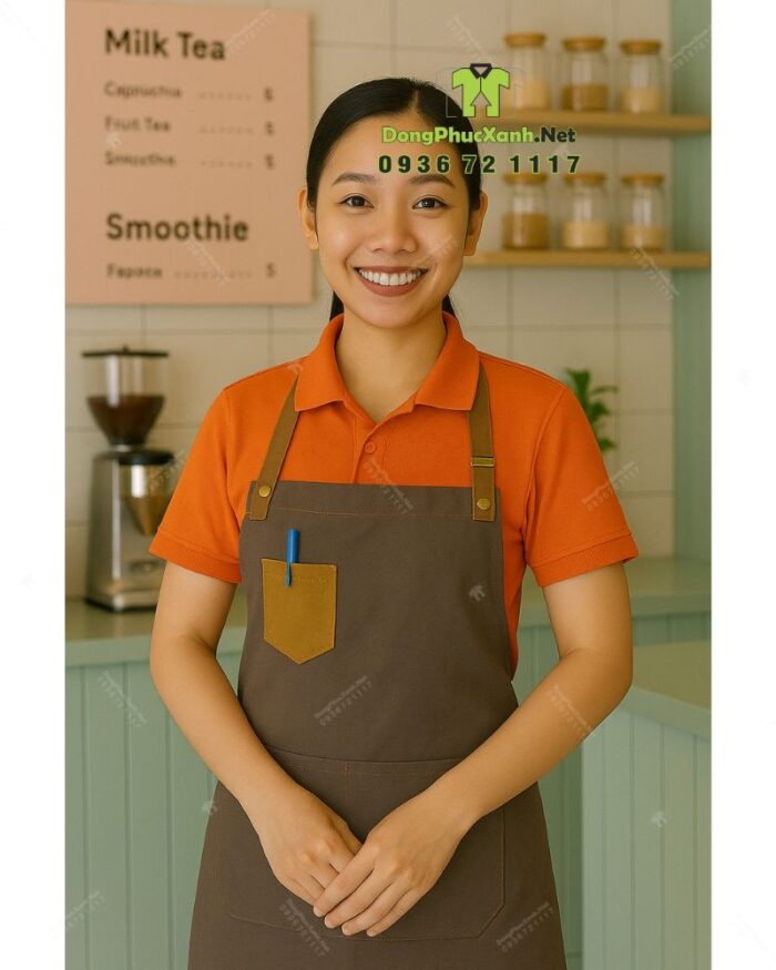 Bộ đồng phục quán trà sữa thiết kế áo thun đồng phục màu cam tạo sự chú ý, theo phong cách năng động và hiện đại.