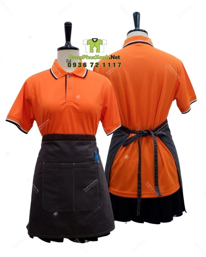 Bộ đồng phục quán trà sữa thiết kế áo thun đồng phục màu cam tạo sự chú ý, theo phong cách năng động và hiện đại.