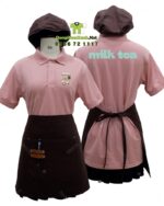 Bộ đồng phục quán trà sữa phong cách dễ thương và tươi trẻ, áo thun đồng phục màu hồng tươi tắn dành cho nhân viên.