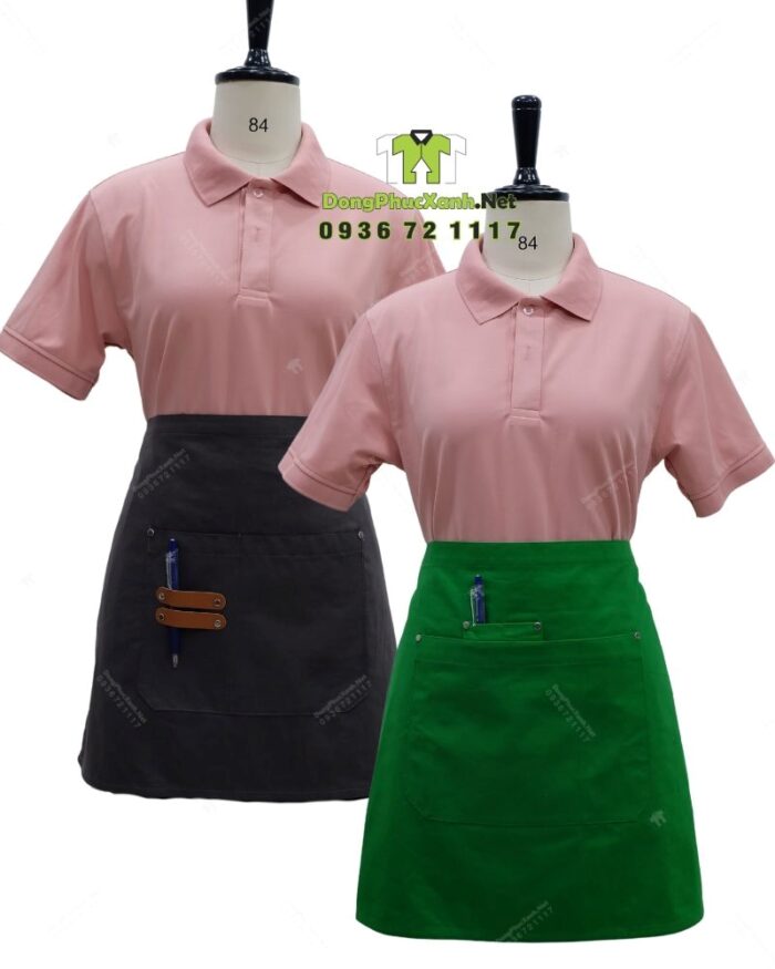 Bộ đồng phục quán trà sữa phong cách dễ thương và tươi trẻ, áo thun đồng phục màu hồng tươi tắn dành cho nhân viên.