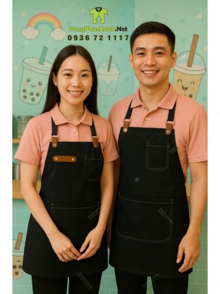Bộ đồng phục quán trà sữa phong cách dễ thương và tươi trẻ, áo thun đồng phục màu hồng tươi tắn dành cho nhân viên.