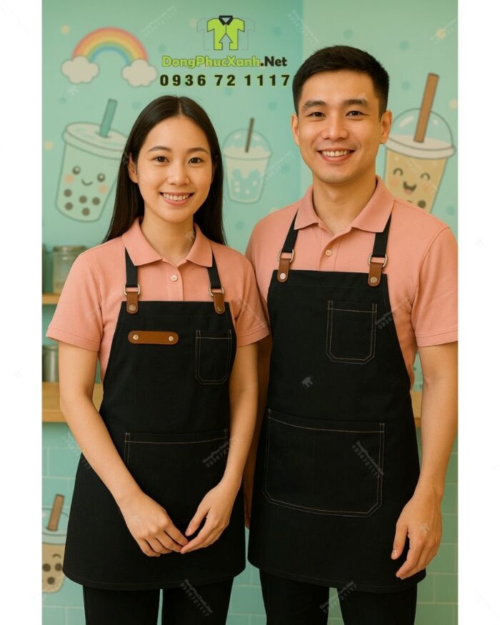 Bộ đồng phục quán trà sữa phong cách dễ thương và tươi trẻ, áo thun đồng phục màu hồng tươi tắn dành cho nhân viên.