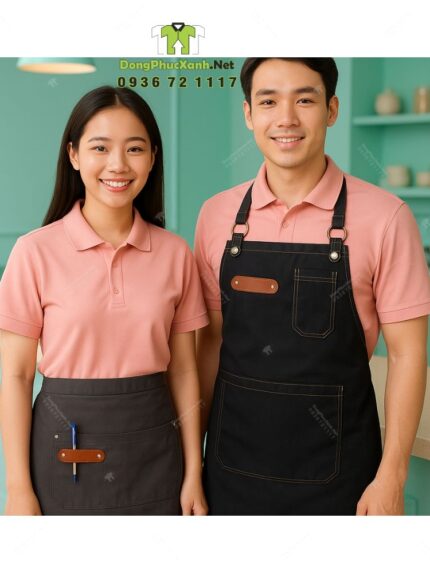 Bộ đồng phục quán trà sữa phong cách dễ thương và tươi trẻ, áo thun đồng phục màu hồng tươi tắn dành cho nhân viên.