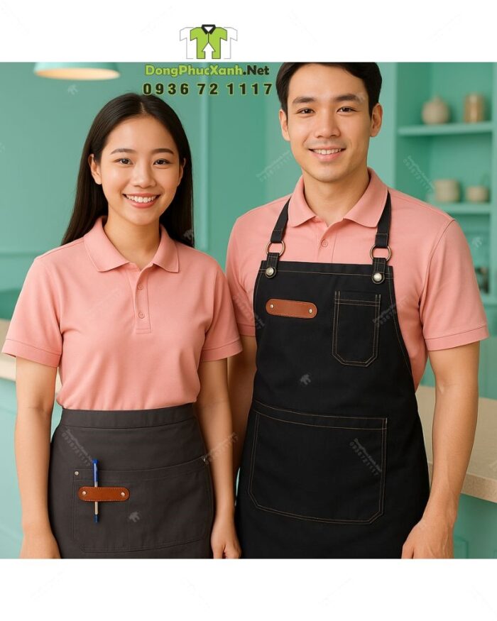 Bộ đồng phục quán trà sữa phong cách dễ thương và tươi trẻ, áo thun đồng phục màu hồng tươi tắn dành cho nhân viên.