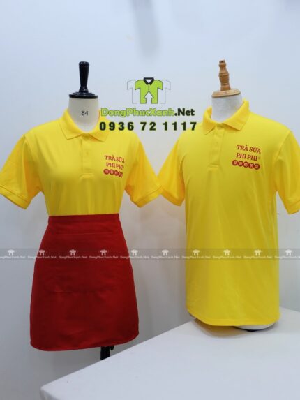 Bộ đồng phục nhân viên tiệm trà sữa thiết kế nổi bật thu hút, in logo Trà Sữa Phi Phi.