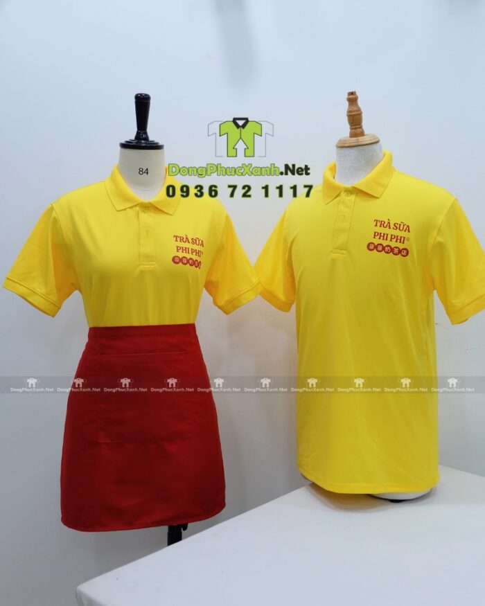Bộ đồng phục nhân viên tiệm trà sữa thiết kế nổi bật thu hút, in logo Trà Sữa Phi Phi.