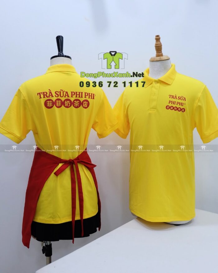 Bộ đồng phục nhân viên tiệm trà sữa thiết kế nổi bật thu hút, in logo Trà Sữa Phi Phi.
