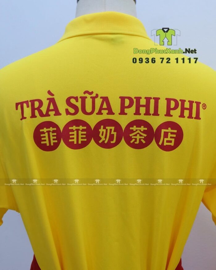 Bộ đồng phục nhân viên tiệm trà sữa thiết kế nổi bật thu hút, in logo Trà Sữa Phi Phi.