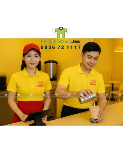 Bộ đồng phục nhân viên tiệm trà sữa thiết kế nổi bật thu hút, in logo Trà Sữa Phi Phi.