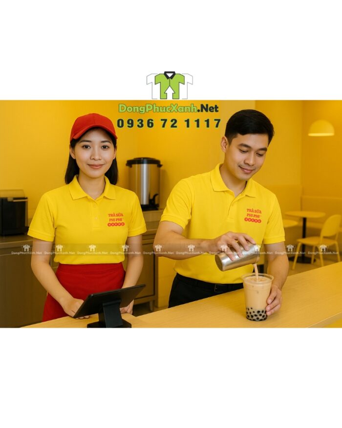Bộ đồng phục nhân viên tiệm trà sữa thiết kế nổi bật thu hút, in logo Trà Sữa Phi Phi.