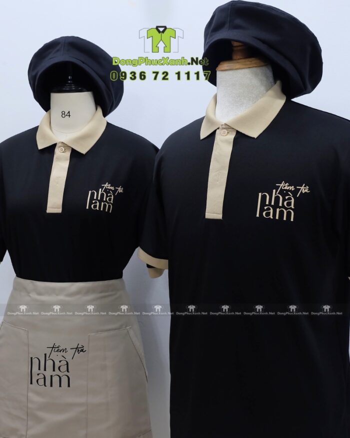 Bộ đồng phục nhân viên tiệm trà sữa thiết kế hiện đại sang trọng, in logo Tiệm Trà Nhà Lam.